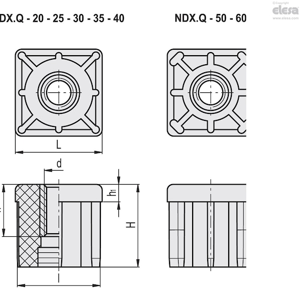 Square End-caps For Tubes, NDX.Q-50x2-M16